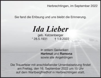 Traueranzeige von Ida Lieber von Heidenheimer Zeitung
