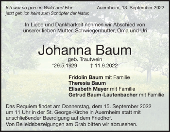 Traueranzeige von Johanna Baum von Heidenheimer Zeitung