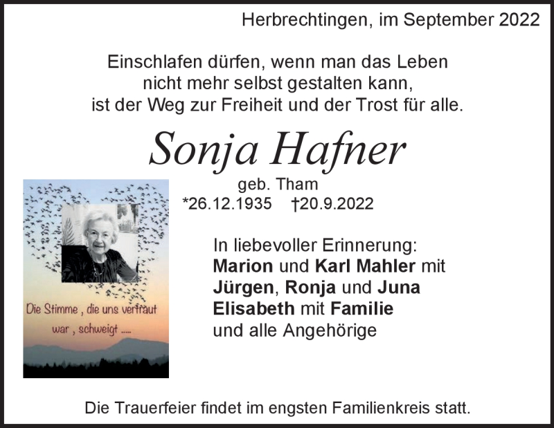  Traueranzeige für Sonja Hafner vom 22.09.2022 aus Heidenheimer Zeitung