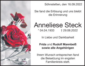 Traueranzeige von Anneliese Steck von Heidenheimer Zeitung