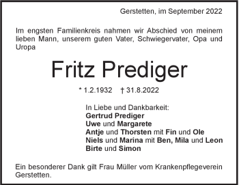 Traueranzeige von Fritz Prediger von Heidenheimer Zeitung