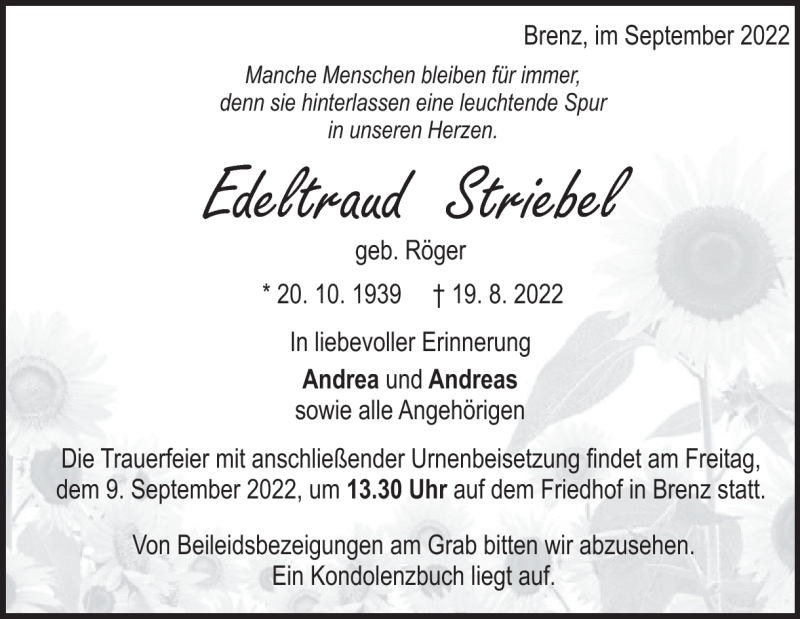  Traueranzeige für Edeltraud Striebel vom 06.09.2022 aus Heidenheimer Zeitung