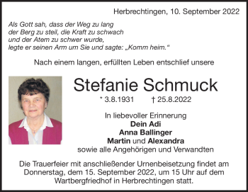 Traueranzeige von Stefanie Schmuck von Heidenheimer Zeitung