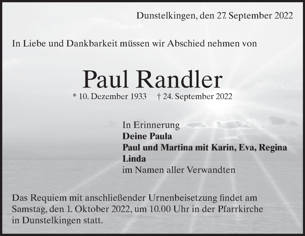  Traueranzeige für Paul Randler vom 27.09.2022 aus Heidenheimer Zeitung