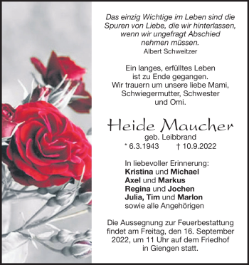 Traueranzeige von Heide Maucher von Heidenheimer Zeitung