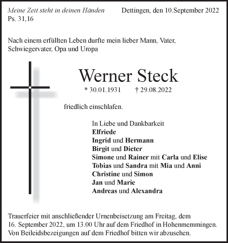  Traueranzeige für Werner Steck vom 10.09.2022 aus Heidenheimer Zeitung