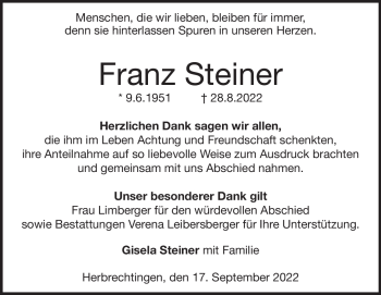 Traueranzeige von Franz Steiner von Heidenheimer Zeitung