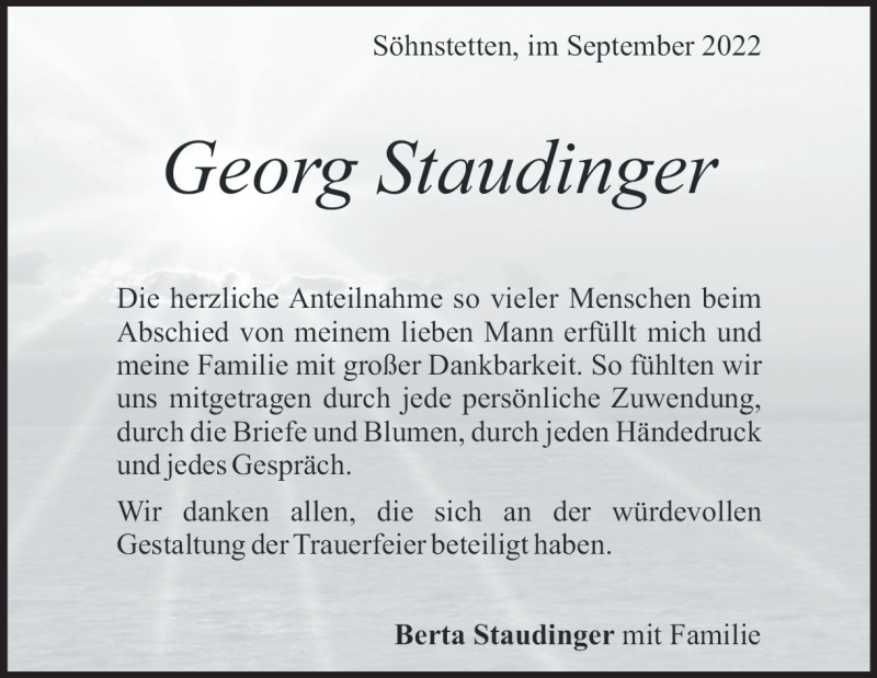  Traueranzeige für Georg Staudinger vom 22.09.2022 aus Heidenheimer Zeitung