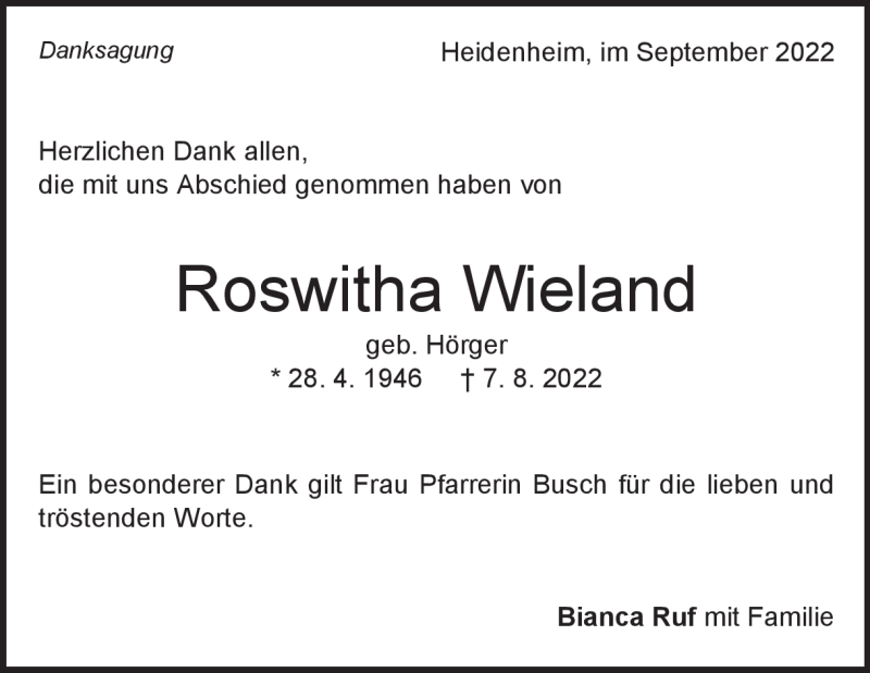  Traueranzeige für Roswitha Wieland vom 09.09.2022 aus Heidenheimer Zeitung