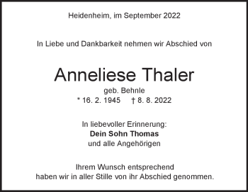 Traueranzeige von Anneliese Thaler von Heidenheimer Zeitung