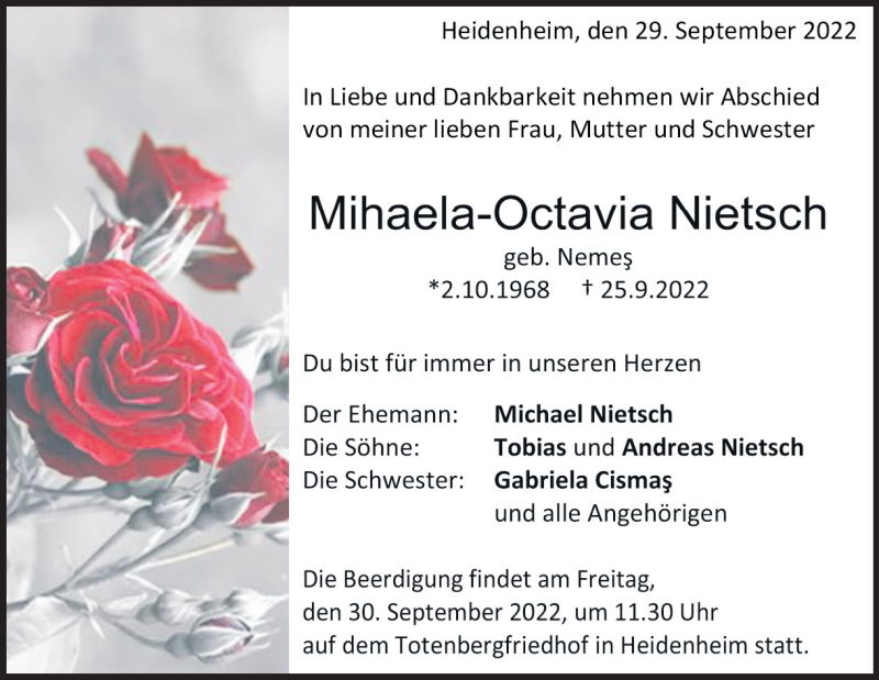  Traueranzeige für Mihaela-Octavia Nietsch vom 29.09.2022 aus Heidenheimer Zeitung