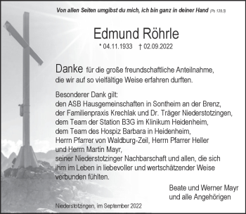 Traueranzeige von Edmund Röhrle von Heidenheimer Zeitung