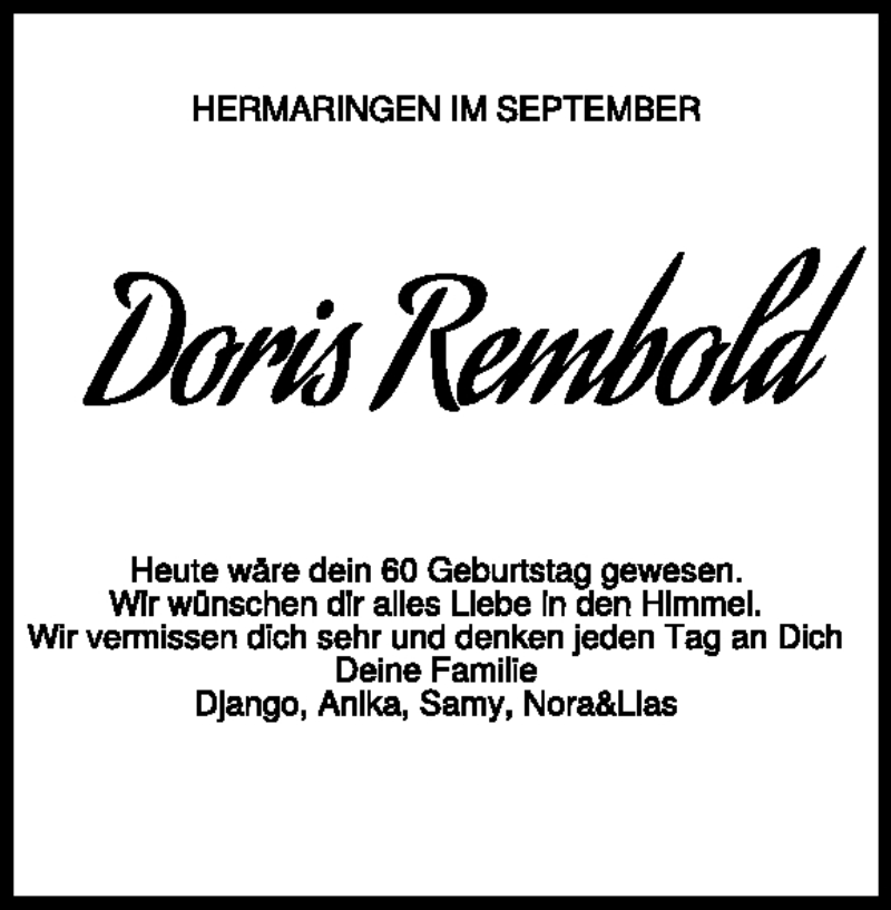  Traueranzeige für Doris Rembold vom 16.09.2022 aus Heidenheimer Zeitung