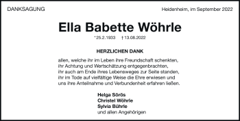 Traueranzeige von Ella Babette Wöhrle von Heidenheimer Zeitung