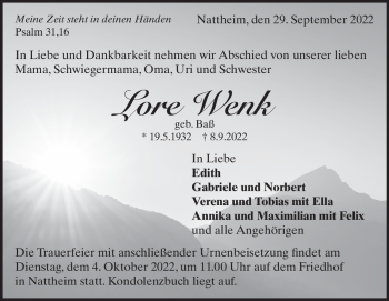 Traueranzeige von Lore Wenk von Heidenheimer Zeitung