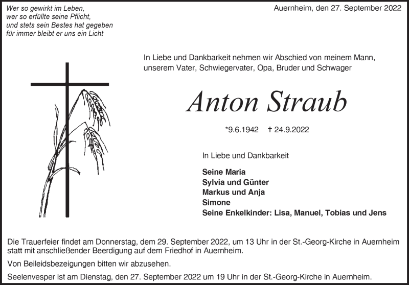  Traueranzeige für Anton Straub vom 27.09.2022 aus Heidenheimer Zeitung