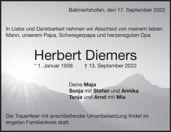 Traueranzeige von Herbert Diemers von Heidenheimer Zeitung