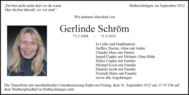 Traueranzeige für Gerlinde Schröm vom 12.09.2022 aus Heidenheimer Zeitung