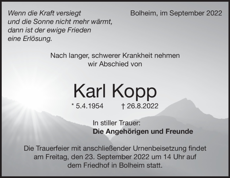  Traueranzeige für Karl Kopp vom 20.09.2022 aus Heidenheimer Zeitung