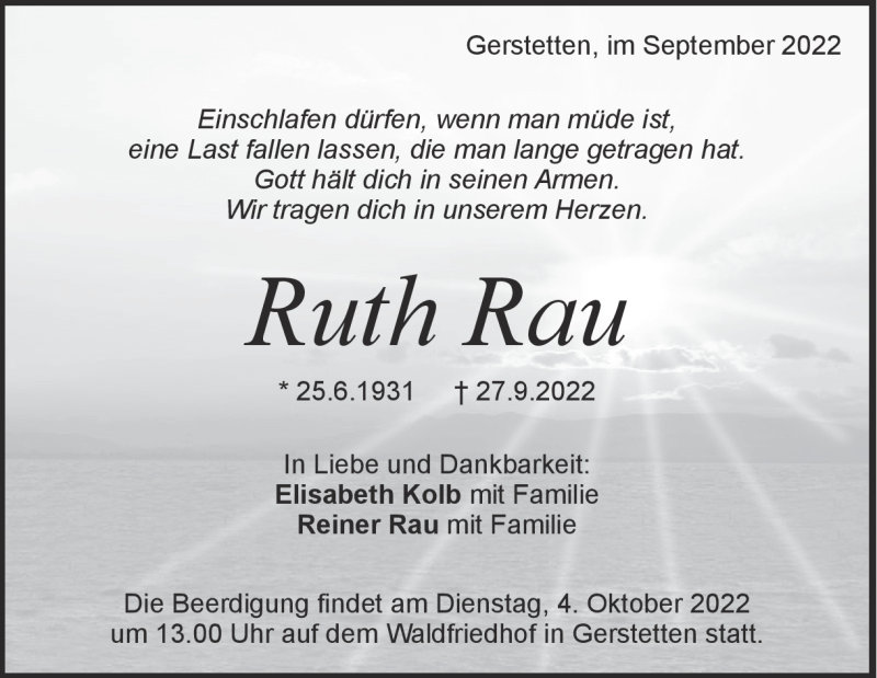  Traueranzeige für Ruth Rau vom 30.09.2022 aus Heidenheimer Zeitung