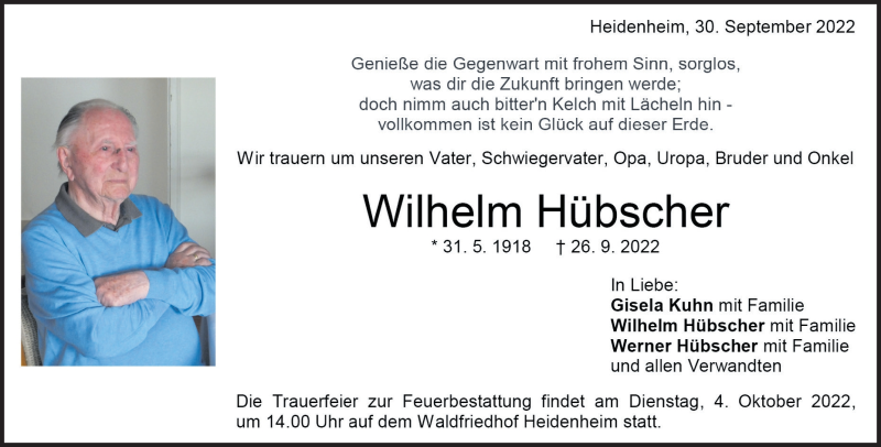  Traueranzeige für Wilhelm Hübscher vom 30.09.2022 aus Heidenheimer Zeitung