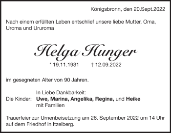 Traueranzeige von Helga Hunger von Heidenheimer Zeitung