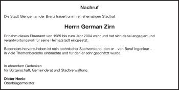 Traueranzeige von German Zirn von Heidenheimer Zeitung