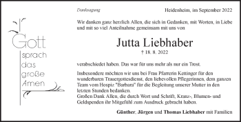 Traueranzeige von Jutta Liebhaber von Heidenheimer Zeitung