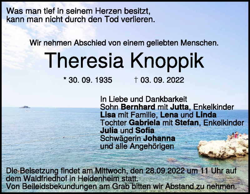  Traueranzeige für Theresia Knoppik vom 24.09.2022 aus Heidenheimer Zeitung