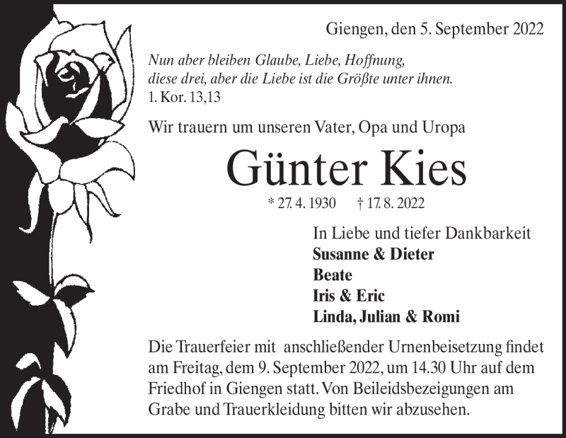  Traueranzeige für Günter Kies vom 05.09.2022 aus Heidenheimer Zeitung