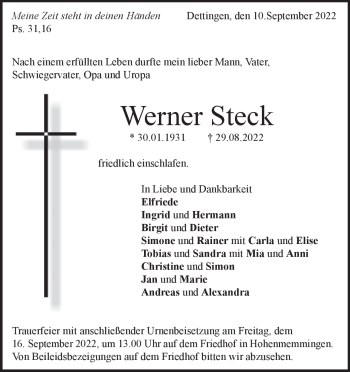 Traueranzeige von Werner Steck von Heidenheimer Zeitung
