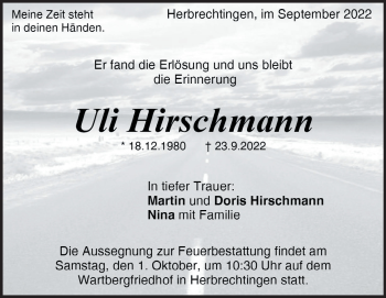 Traueranzeige von Uli Hirschmann von Heidenheimer Zeitung