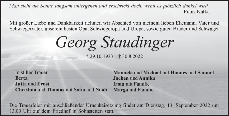  Traueranzeige für Georg Staudinger vom 09.09.2022 aus Heidenheimer Zeitung