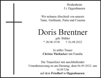 Traueranzeige von Doris Brentner von Heidenheimer Zeitung