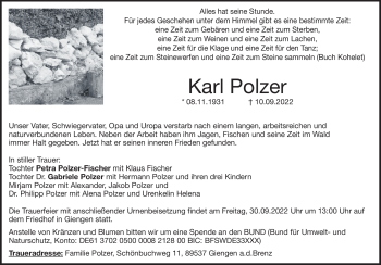 Traueranzeige von Karl Polzer von Heidenheimer Zeitung