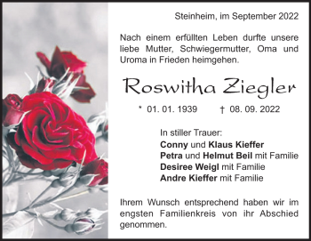 Traueranzeige von Roswitha Ziegler von Heidenheimer Zeitung
