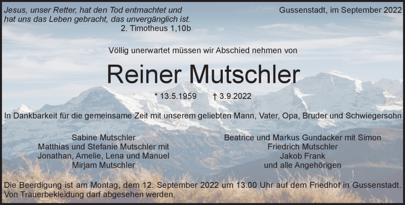  Traueranzeige für Reiner Mutschler vom 08.09.2022 aus Heidenheimer Zeitung