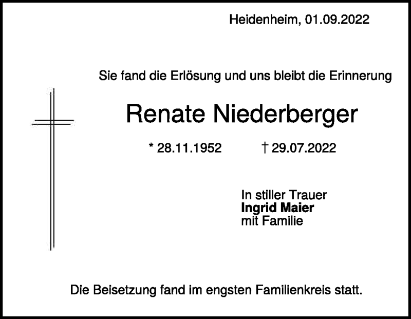  Traueranzeige für Renate  Niederberger vom 01.09.2022 aus Heidenheimer Zeitung