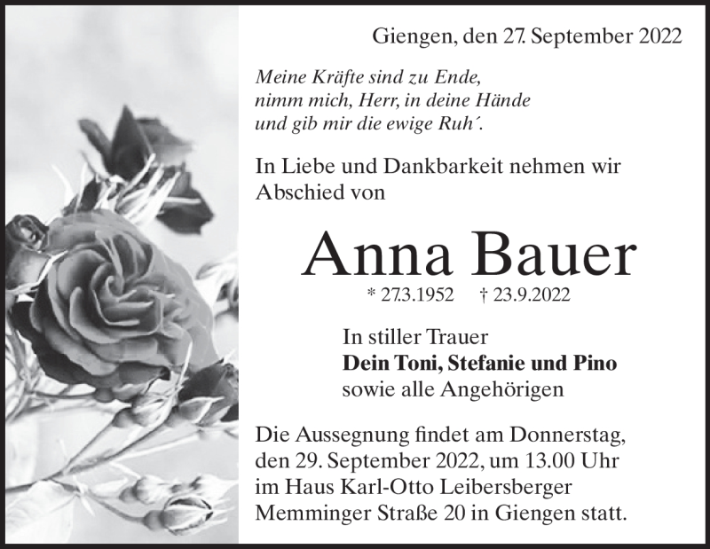  Traueranzeige für Anton Bauer vom 27.09.2022 aus Heidenheimer Zeitung