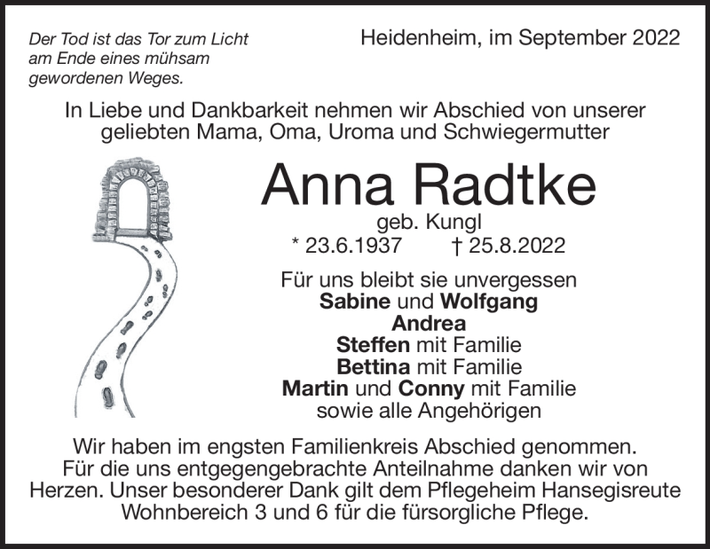  Traueranzeige für Anna Radtke vom 22.09.2022 aus Heidenheimer Zeitung