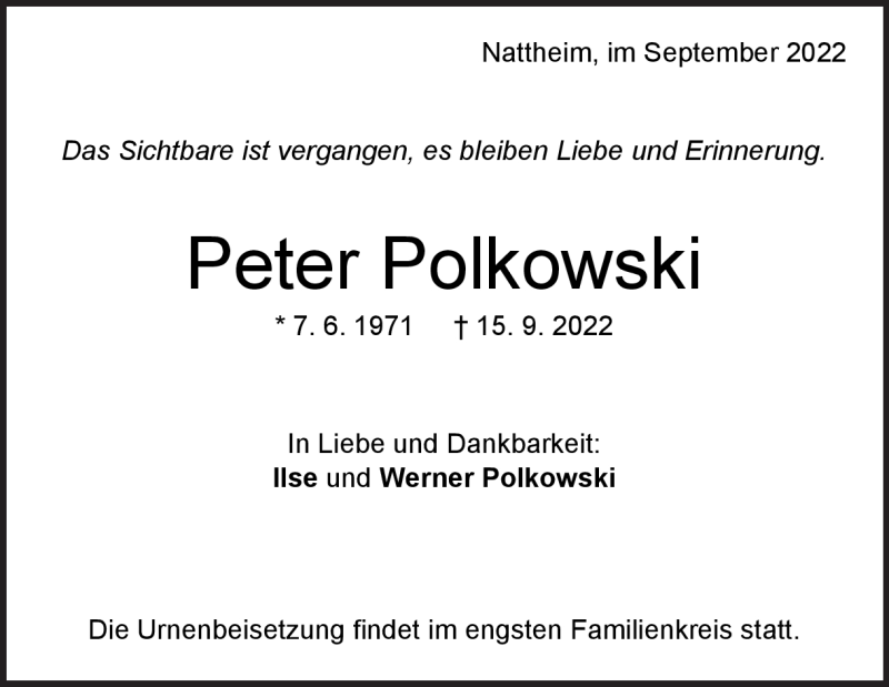  Traueranzeige für Peter Polkowski vom 20.09.2022 aus Heidenheimer Zeitung
