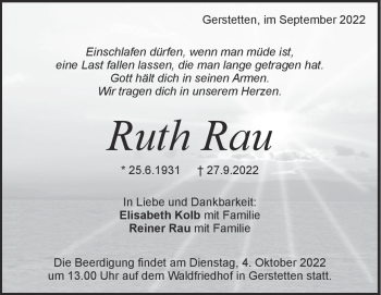 Traueranzeige von Ruth Rau von Heidenheimer Zeitung