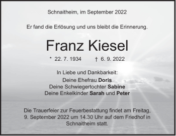 Traueranzeige von Franz Kiesel von Heidenheimer Zeitung