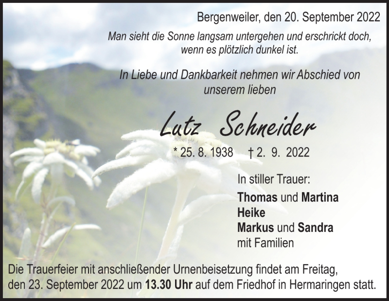  Traueranzeige für Lutz Schneider vom 20.09.2022 aus Heidenheimer Zeitung