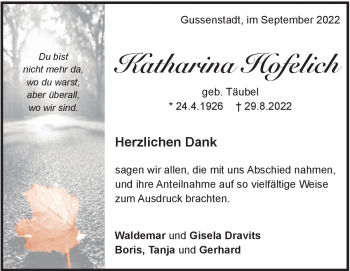Traueranzeige von Katharina Hofelich von Heidenheimer Zeitung
