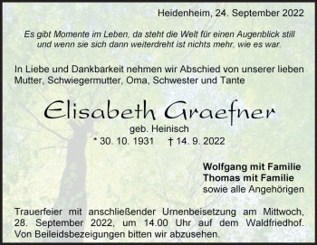 Traueranzeige von Elisabeth Graefner von Heidenheimer Zeitung