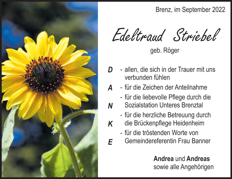  Traueranzeige für Edeltraud Striebel vom 22.09.2022 aus Heidenheimer Zeitung