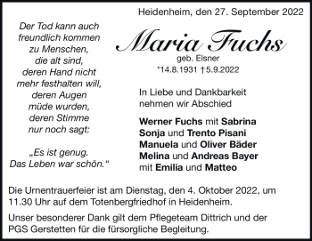 Traueranzeige von Maria Fuchs von Heidenheimer Zeitung