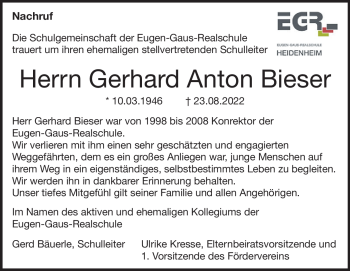 Traueranzeige von Gerhard Anton Bieser von Heidenheimer Zeitung