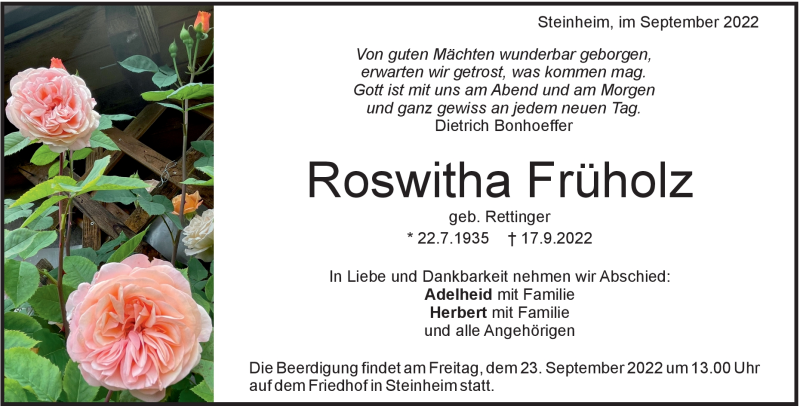  Traueranzeige für Roswitha Früholz vom 21.09.2022 aus Heidenheimer Zeitung